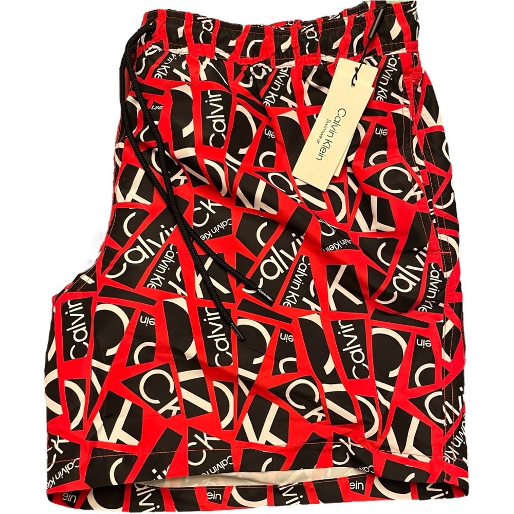 Mens Calvin Klein Swim Trunks XXL NWT Quick Dry UPF 40+ RED BLACK WHITE Collage
